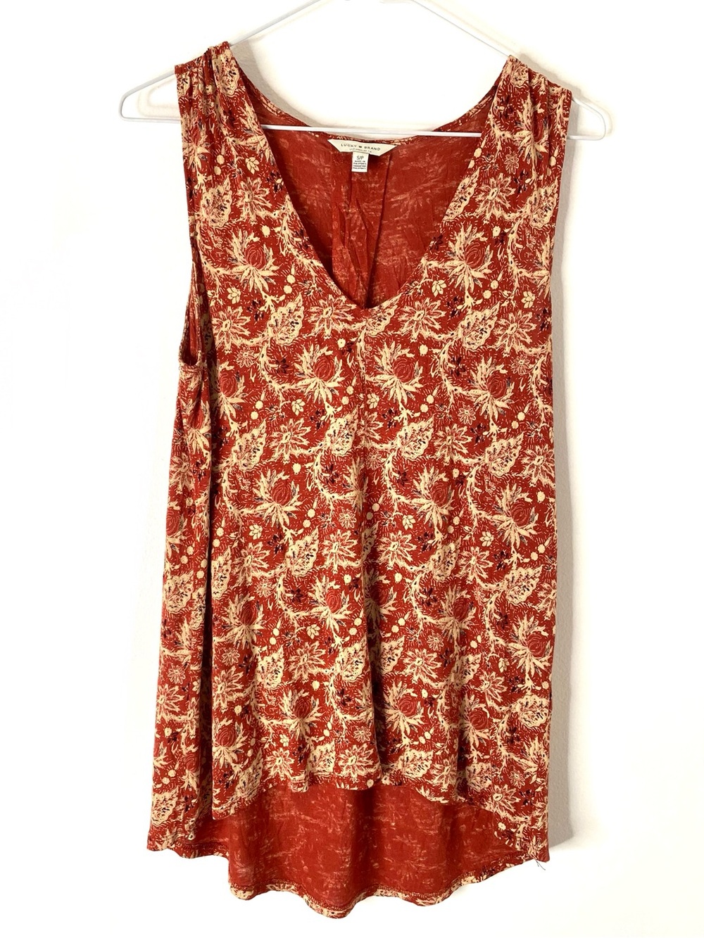 Lucky Brand Rust Orange Floral Paisley V Neck Sleeveless Tunic Top